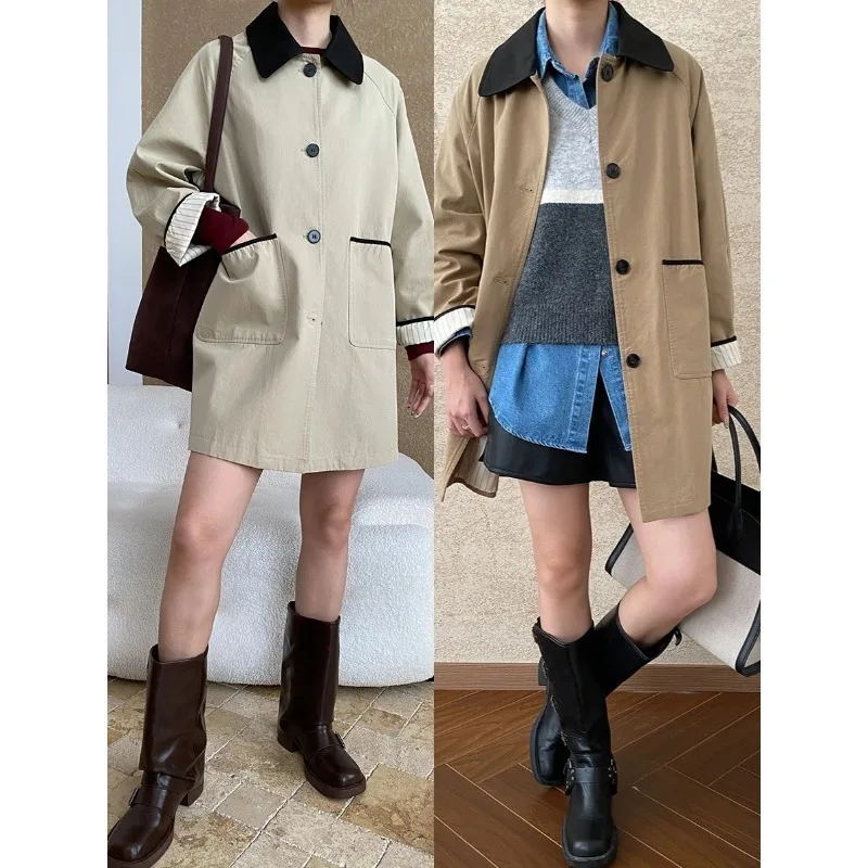 Petite British Style Contrasting Color Collar Casual Loose Windbreaker Jacket