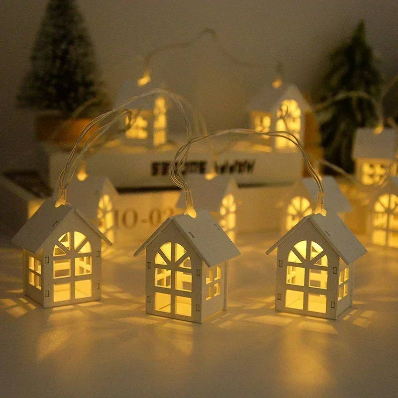 2M 10LED Christmas Wooden House LED Fairy Light String Home Hanging Garland Xmas Tree Ornaments Decoration Lamp 2025 New Year