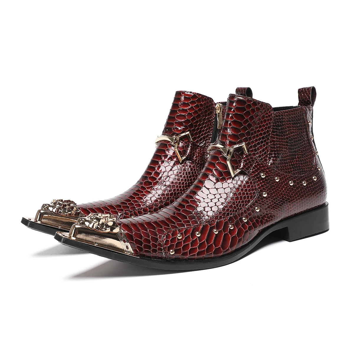 Fashion Metal Pointed Toe Genuine Leather Ankle Boots Plus Size Rivets Party Formal Shoes Male Cowboy Motorcycle Short Boots