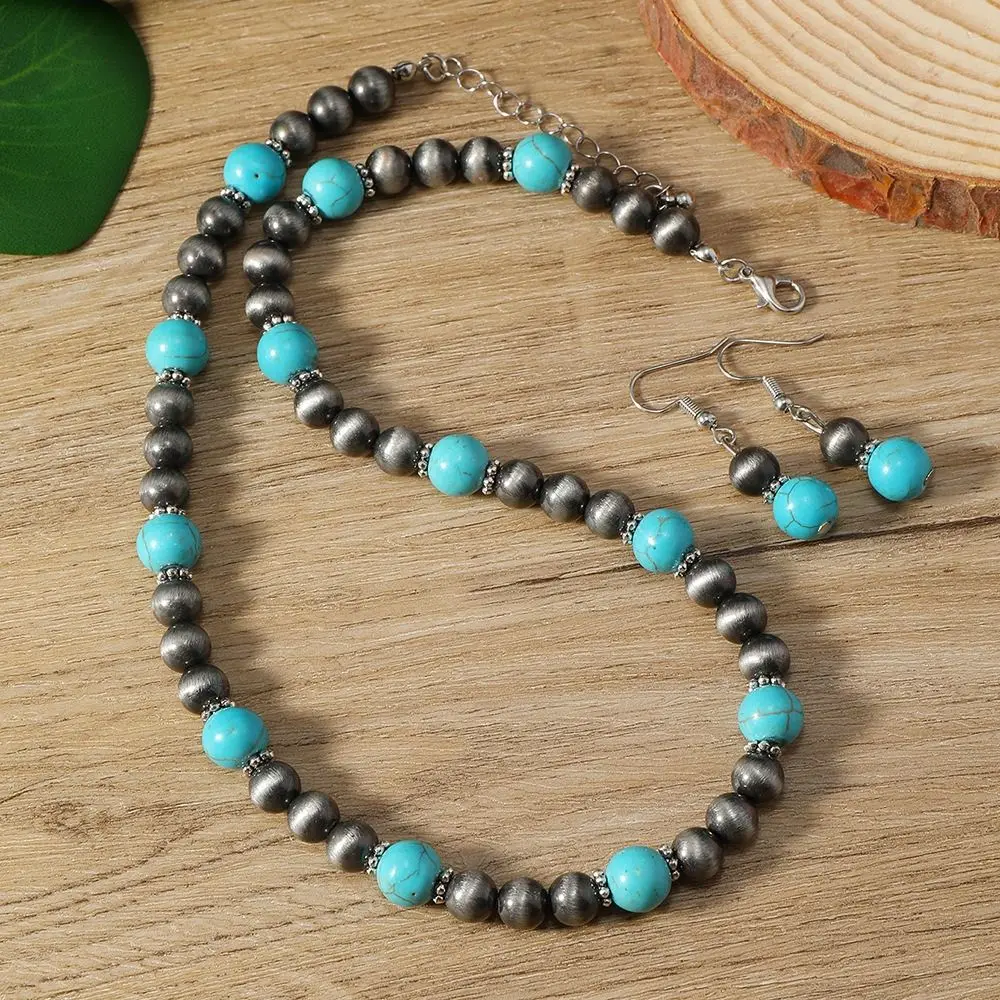 2PCS Fashion Turquoise Navajo Necklaces CCB Bead Western Country Necklaces Clavicle Chain Jewelry Beach Chokers Vacation