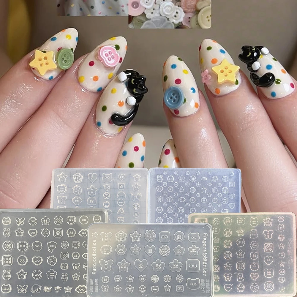 5Styles Cute Cartoon Button 3D Silicone Nail Mold Cat Star Button Flower Bear Heart Buttons Design Nail Carving Charm Mould Tool