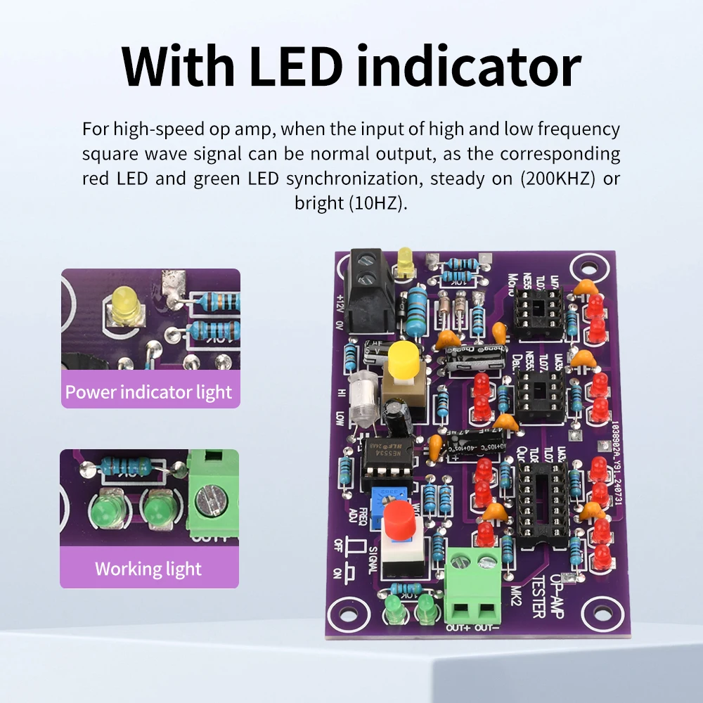 Tester amplificatore operazionale OPAMP DC 12V T2 con indicatore LED per modulo di test amplificatore operazionale singolo doppio quad