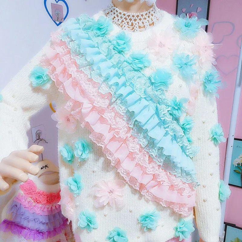 الفاخرة نمط شبكة غرزة الزهور المرأة سترة الخريف الشتاء ملابس طويلة الأكمام ملابس خارجية بلوفر مغزول أعلى سحب فام