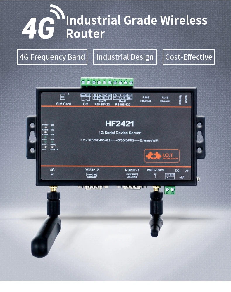 HF2421 WIFI 4G Rj45 Modbus Converter MQTT TCP IP IoT Gateway Wide Range RS232 RS485 RS422 Serial Server