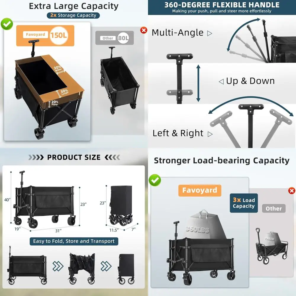 Wózek składany przenośny, pojemność 150L i udźwig 360LBS, koła terenowe, wytrzymały wózek transportowy do użytku na zewnątrz, na kemping, na zakupy, Spo