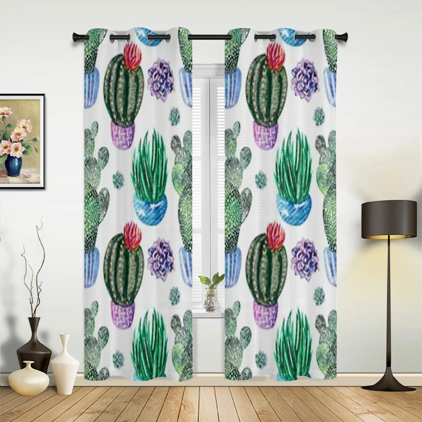 

Cute Watercolor Cacti in Pots High Blackout Window Curtains Living Room Luxury Bedroom Decor High Shading Drapes Window Curtain