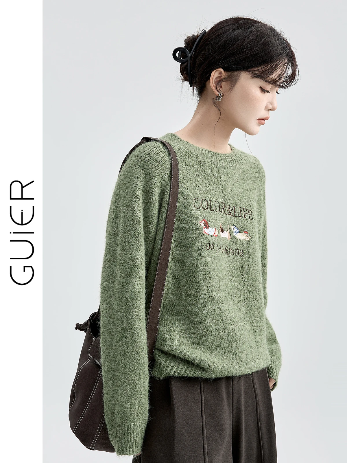 

Вязаный свитер из альпаки с длинным ворсом, круглый вырез, повседневный, женский, зимний топ, маленький размер, с милым принтом собаки Luy Charm