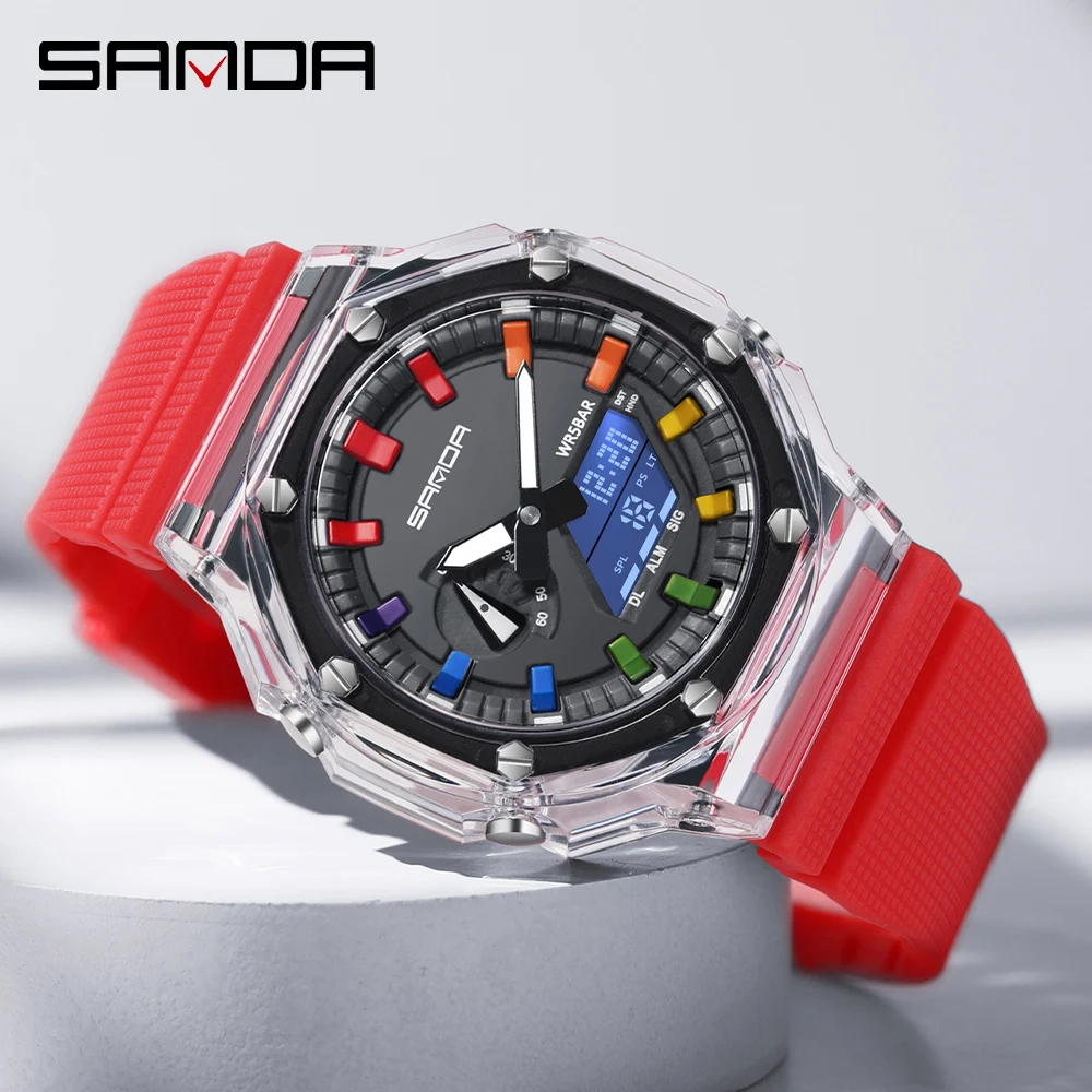 

Sanda 3341, новые прозрачные электронные часы, многофункциональные модные корейские мужские часы, водонепроницаемые часы, часы-будильник