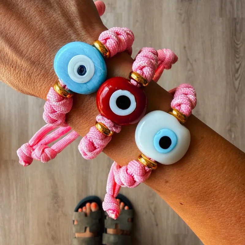 Pink Rope Hand Woven Evil Eye Bracelet 3 Color Glass Evil Eye Adjustable Thread Bracelet Cute Aesthetic Hand Jewelry Gift