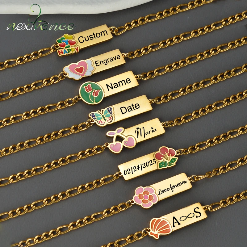 

Nextvance Engrave Name Date Bracelet With Enamel Design For Men Women Stainless Steel Figaro Chain Wrist Bracelet Jewelry Gifts