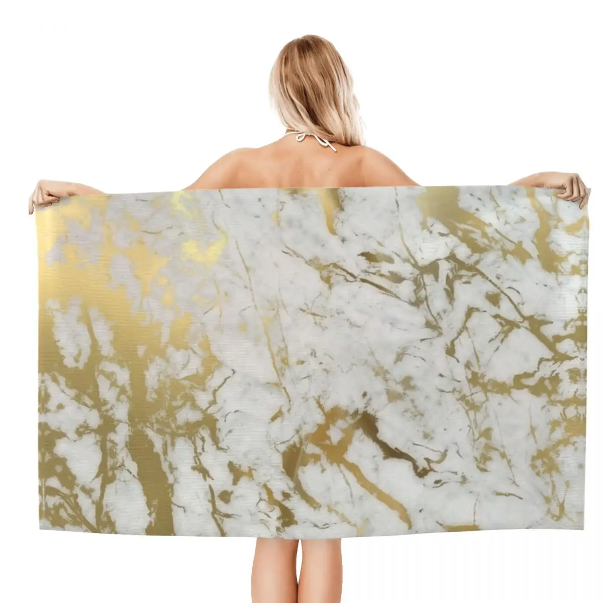 Custom Gold Marble Texture Beach Towel Abstract Modern Geometric Graphic Pattern Super Soft Microfiber Bathroom Towels