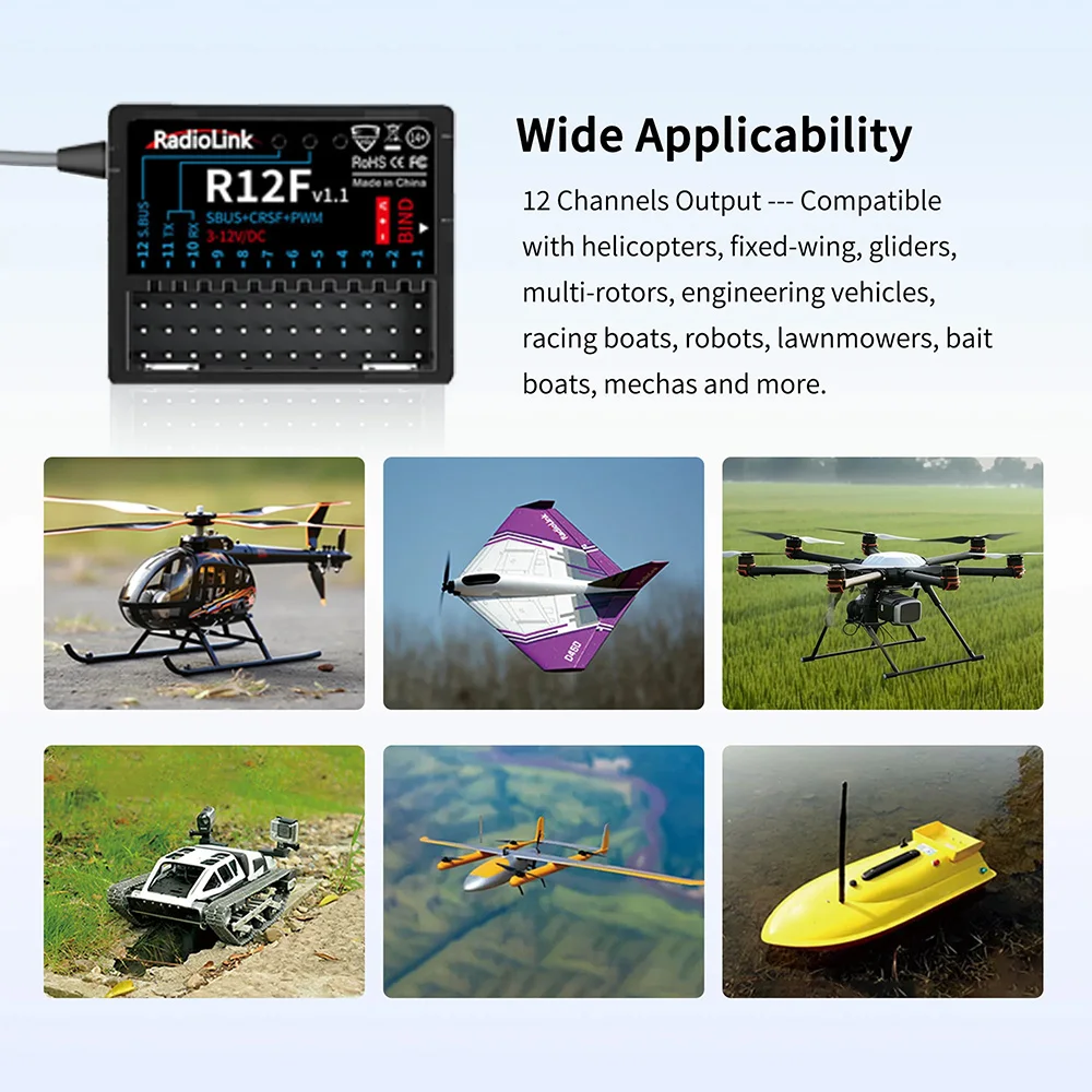 Radiolink R12F V1.1 12 Channle RC Receiver Built-in Simulator Program for RC Airplane,Car,Boat for 2.4Gh Radio Remote Controller