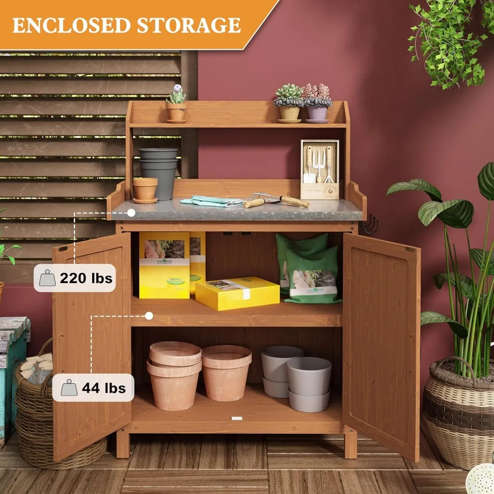 

Wooden Outdoor Potting Bench – Metal Top Garden Work Table with Storage & Removable Shelf | for Planting Soil Tools Use