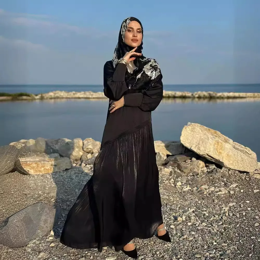 

Premium Middle East Dubai Long Sleeve Top Patchwork Muslim Dress Islamic Clothing Women's Summer Modest Abaya With Hijab