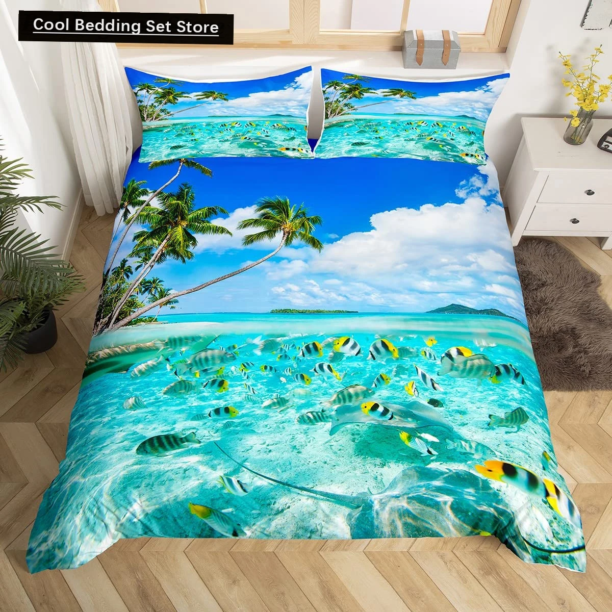 Summer Beach King Queen Duvet Cover Blue Ocean Fish Bedding Set Hawaiian Sea Palm Trees Quilt Cover Marine Life Comforter Cover