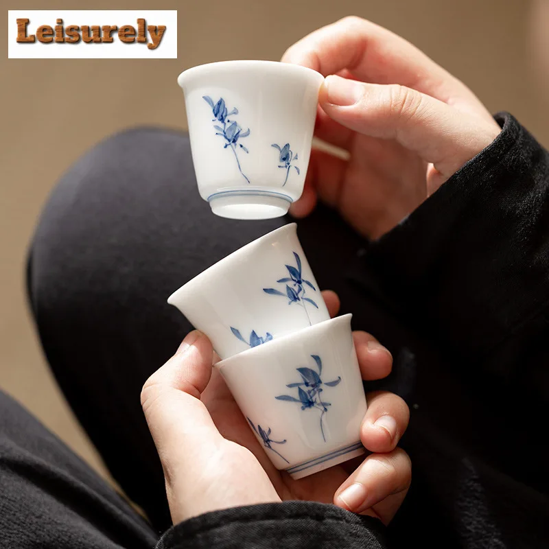 1pc Pure Hand-painted Butterfly Orchid Teacup Small Tasting Master Cup Smelling Agarwood Cup Meditation Cup Kung Fu Tea Set Gift