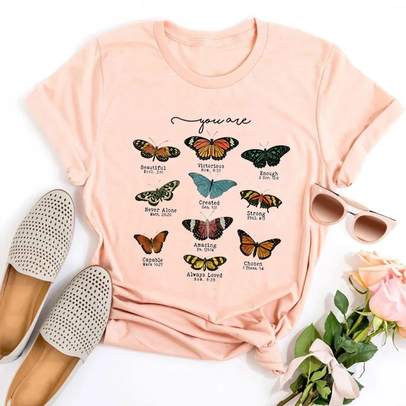 Hahayule Butterfly Bible Verse Shirt Religious Gift Christian Shirt You Are Beautiful Graphic Shirts Vintage Positive Tops