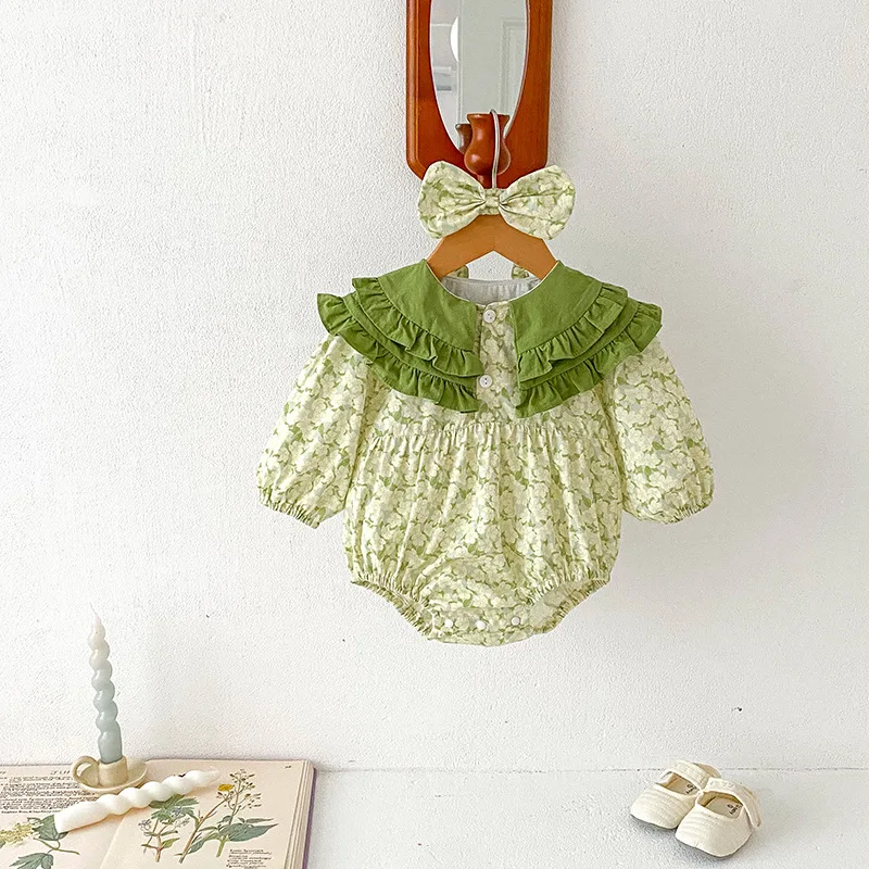 

UNITIM Toddler Girls Bodysuits Green Floral Newborn Girs Jumpsuits Spring Ruffle Collar Kids Baby Girls Rompers Infant Overalls