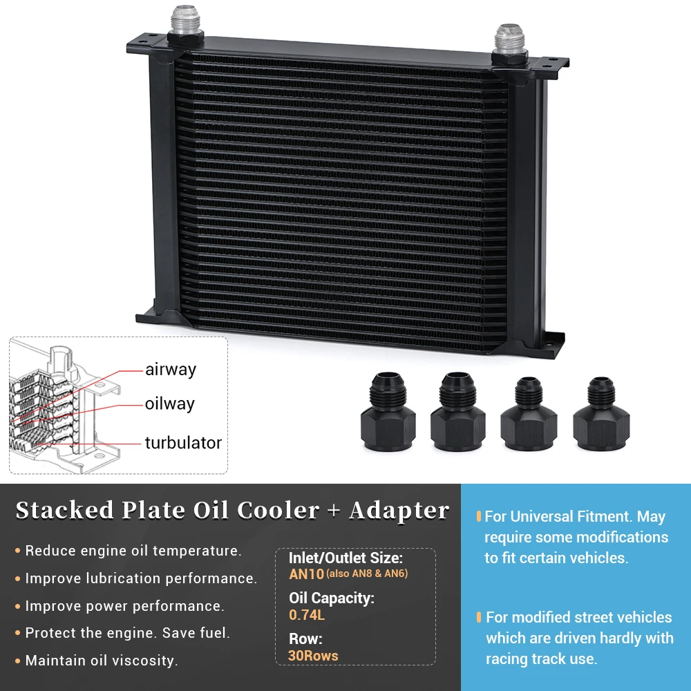 30 Row Universal British Type Aluminum Engine Transmission Oil Cooler With 10AN Female to 8AN 6AN Male Fitting Adapter WLR7030