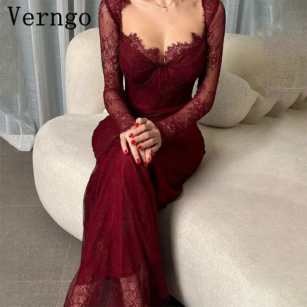 Verngo Burdungy Lace Evening Dress Sweetheart Full Sleeve Prom Gown Women Formal Mermaid Dress For Formal Occasion customized