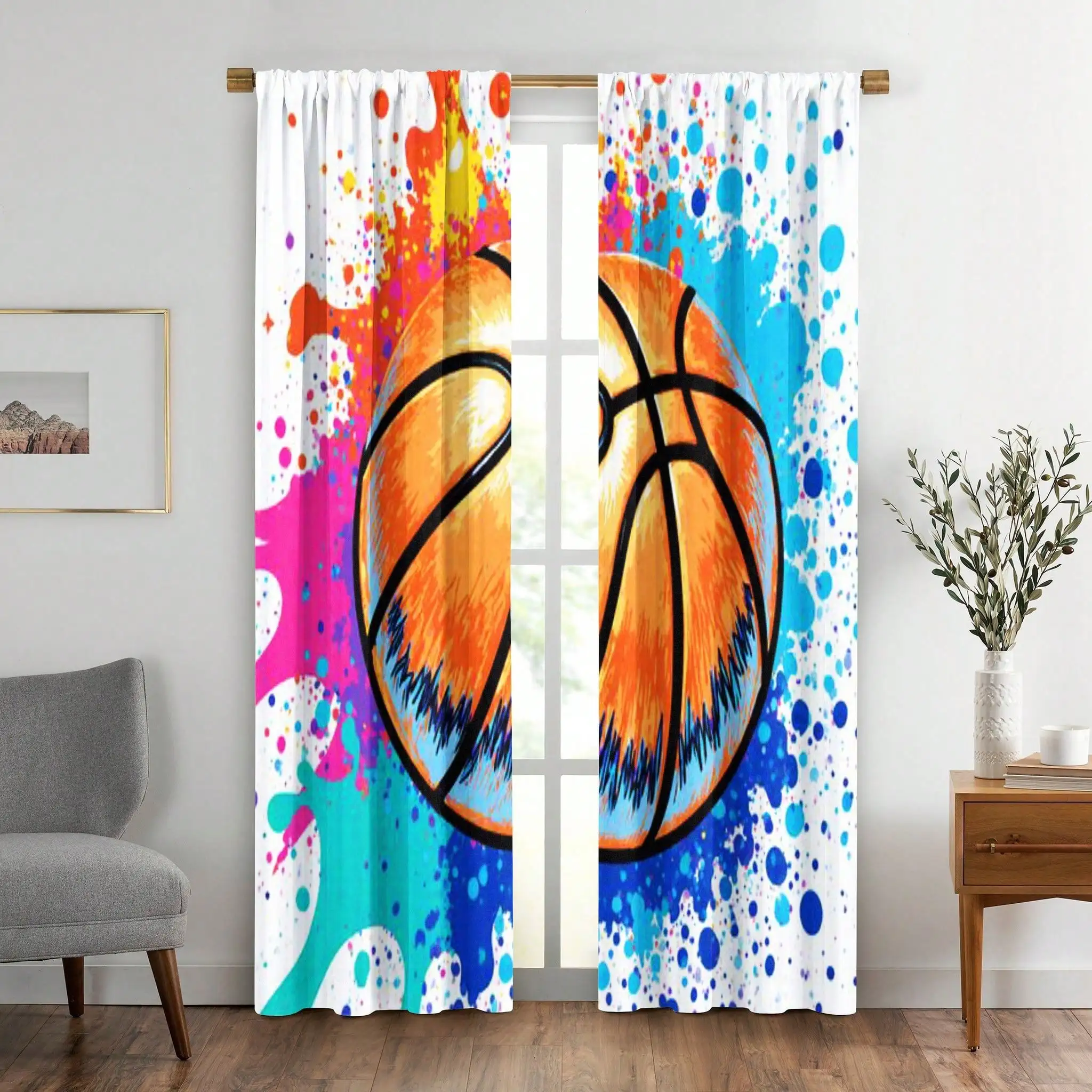 2D Flat 2pcs Basketball Themed Curtain Set - Room Decor With Basketball Hoop Design Semi-Sheer Panels Paint Splatter