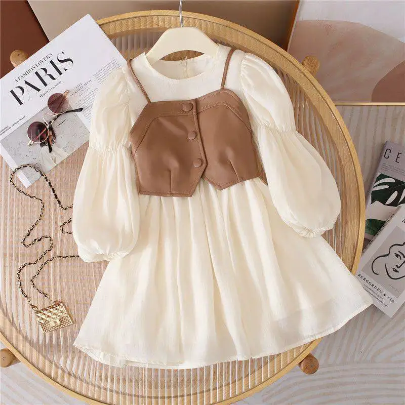 

3-12 Years Spring Autumn Girls Clothing Set Full Sleeve Mesh Lace Fashion Dress+Leather Sling Vest 2Pcs Suit For Kids