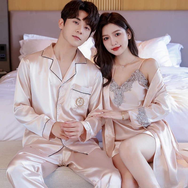 

Luxury Couples Pajamas Summer Silk Pajama Sets Lace Patchwork Autumn Loungewear Sleepwear Nightwear Long Sleeve Pants Silk Robe