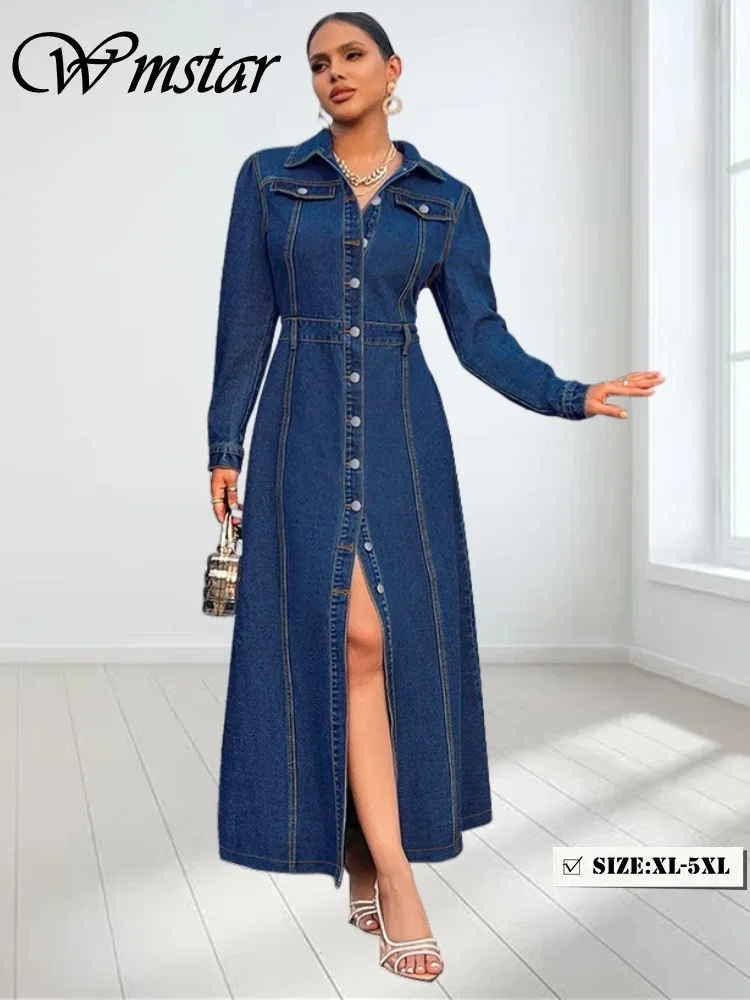 Wmstar Denim Dresses Women Long Sleeve Casual Button Pockets Maxi Dress Fall Clothes Fahion Streetwear Wholesale Dropshipping