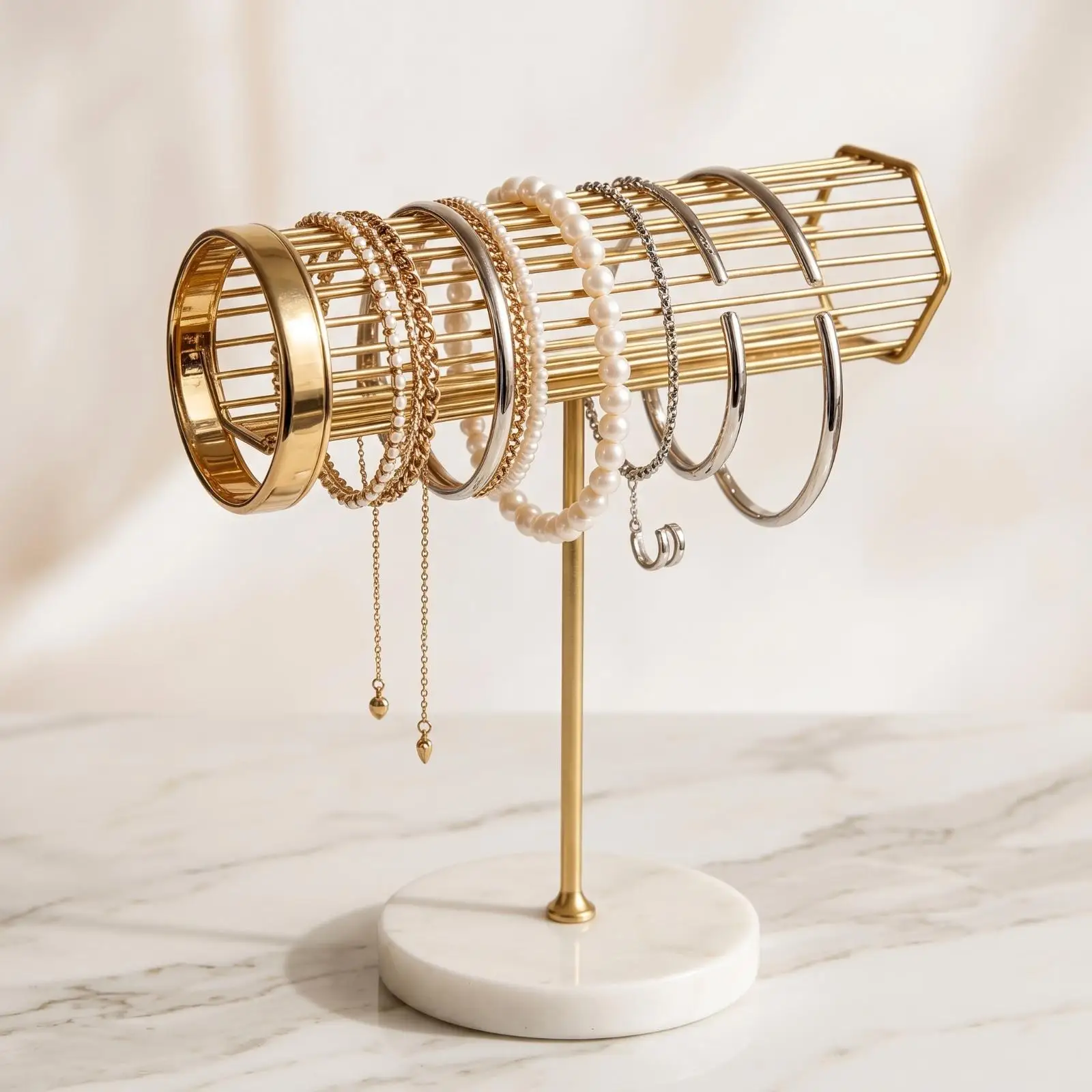 Jewelry Stand with Marble Golden-Tone Jewelry Display Stand Tabletop for Women, Vanity, Dresser