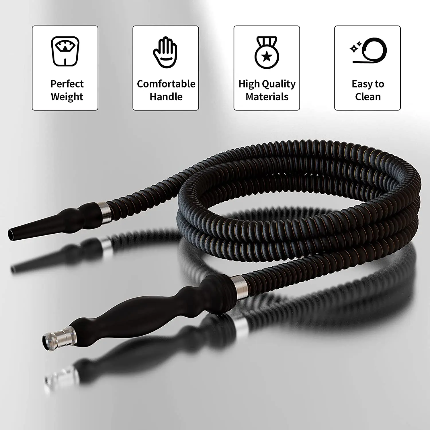 DEJAYA Hookah Hose Rubber Handle with Metal Tip Leather Wrapped Shisha Pipe Hose Washable Durable Chicha Narguile Hose 1.5m