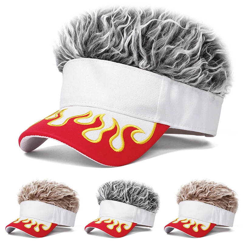 1pc Fashion Creative Wig Hat Flame Printed Hat Eaves Baseball Hat Outdoor Adjustable Decorative Sunshade Hat Unisex Hip Hop Hat