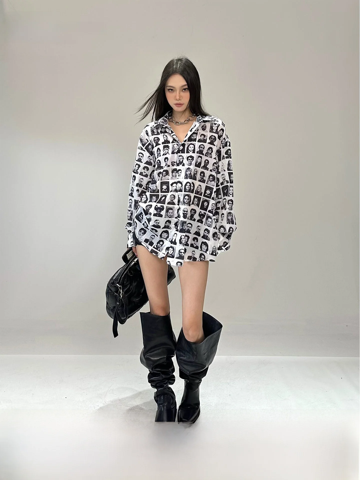 

CCUP SPACE Faionable Long Sve Loose Women's irt Portrait Print Versatile Top Commute Sle Korean Loose Fit T-irt