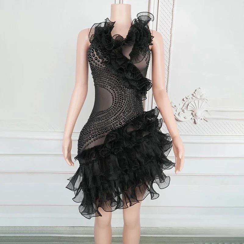 Pink Rhinestones Pearls Cake Dress Women Celebrate Evening Dresses Bar Dj Ds Party Costume Festival Outfit Clubwear