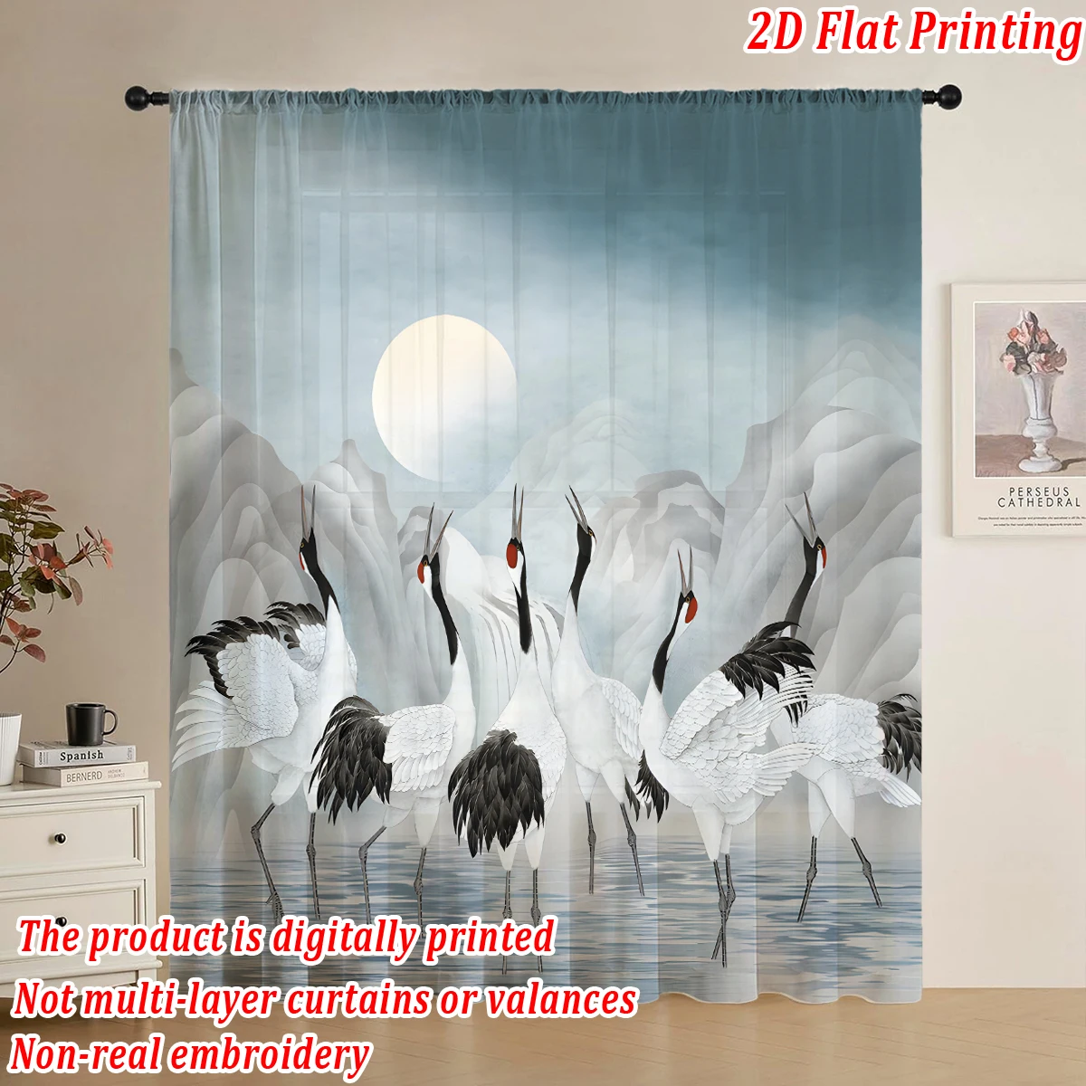 Egret mountains and waters Flat Printing Sheer Curtain，Light Fabric，for Living Room Bedroom Home Door and Window Decor