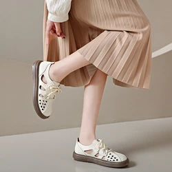 Leather Hollow Roman Sandals Women 2024 Summer Breathable Retro Single Shoe Thick Sole Sports Casual Women's Shoes .