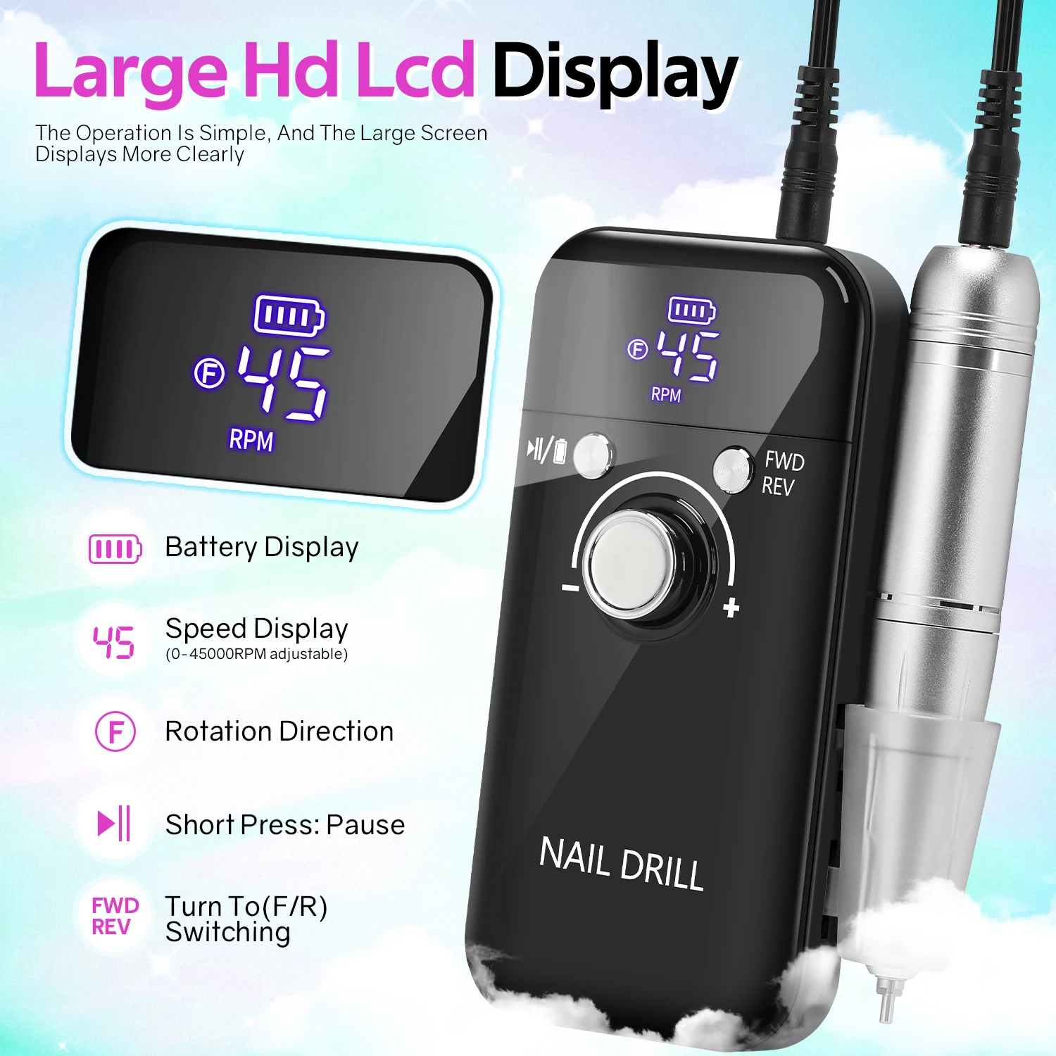 ماكينة حفر الأظافر الكهربائية 45000 دورة في الدقيقة، مبرد أظافر قابل لإعادة الشحن مع 12 لقمة ثقب و56 قطعة من أشرطة صنفرة الأظافر لتلميع أظافر الجل #4