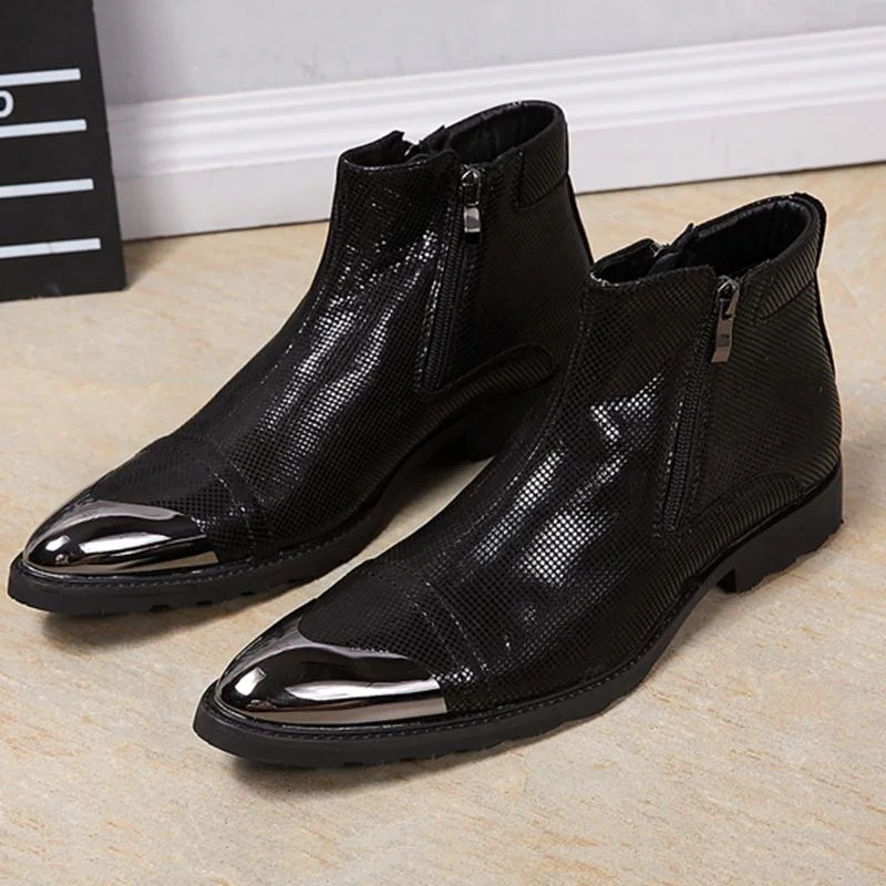 

Pointed Toe Chelsea Men Boots Fashion Trend Dress Shoes Men's Luxury Black Ankle Boots Metal Designer Work Short Boots Big Yards