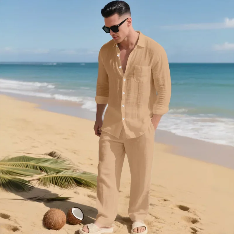 2pcs Set Men's Cotton Linen Shirt and Pants Suits for Men Beach Wear Tracksuit Solid Color Shirts Sweatpants