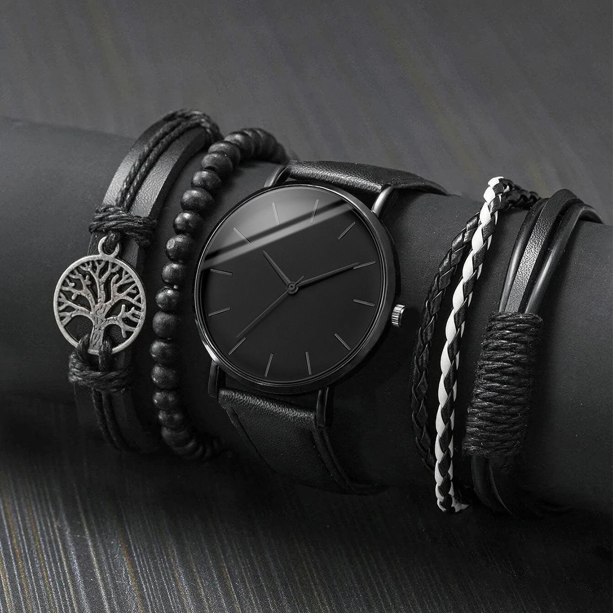 5PCS/Set Men Business Watches Casual Leather Band Male's Quartz Watch Vintage Leather Bracelets Set（Without Box）