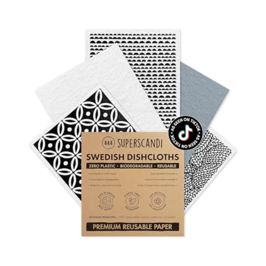 5 Pack Swedish Dishcloths for Kitchen - 100% Biodegradable and Compostable, Reusable Paper Towels Washable, Food-Safe and Witho