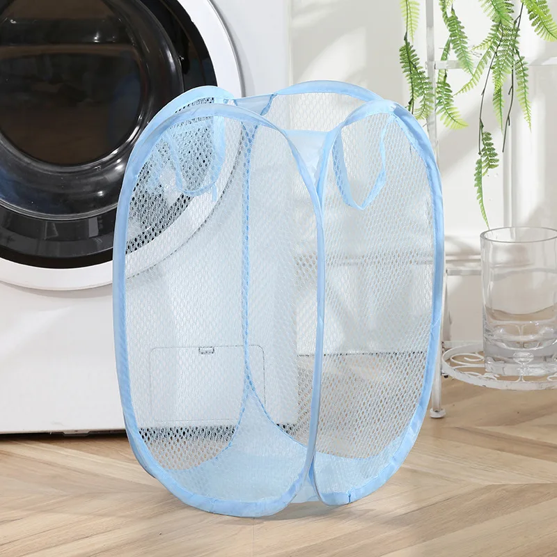 1Pc Blue Mesh Pop Up Square Laundry Basket Storage Toy Organizer Bag Collapsible Clothes Baskets for Dorm Dirty Clothes Basket