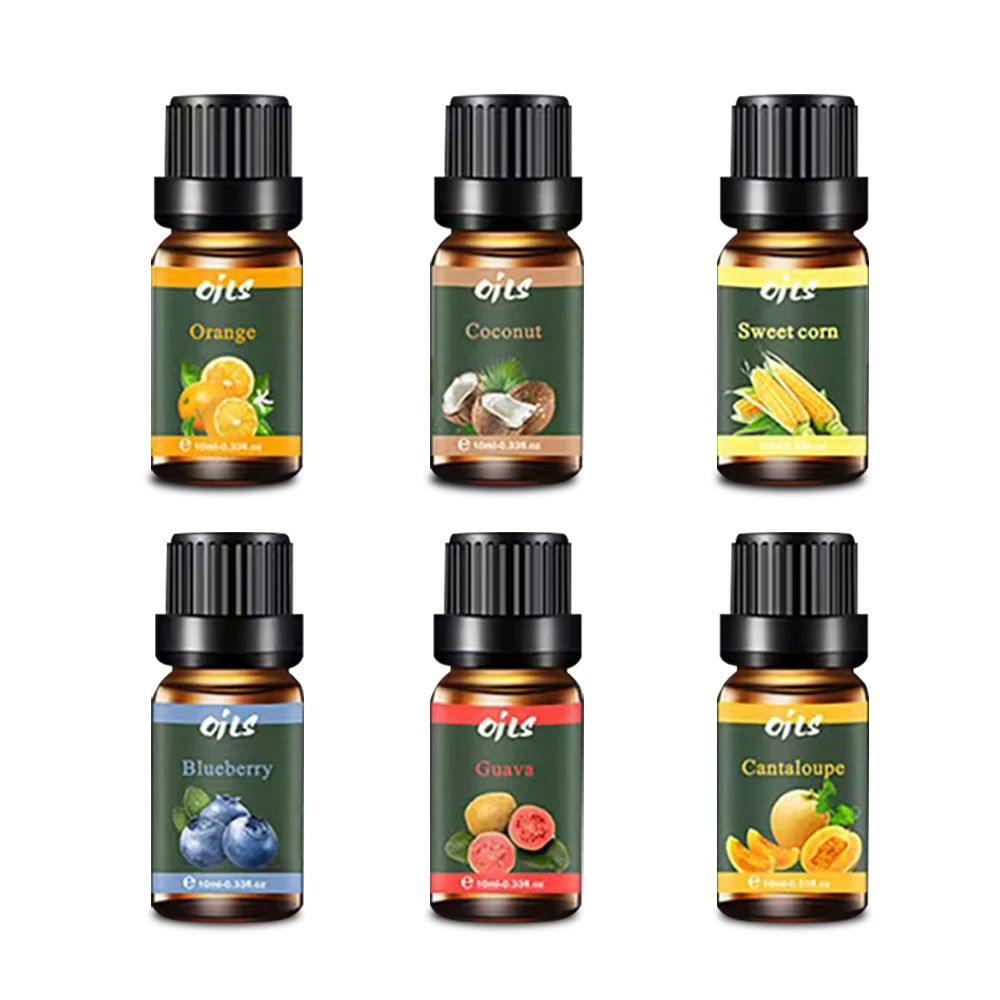 Conjunto de óleos essenciais de aromaterapia para dif, 6 fragrâncias, melão, goiaba, mirtilo, milho doce, coco, laranja, 6 unid, 10ml