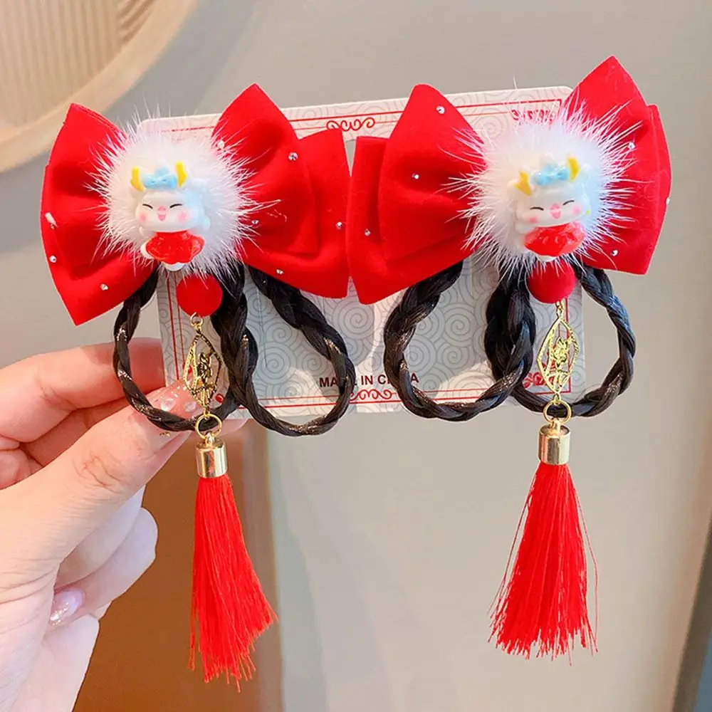 

New Year Velvet Mascot Dragon Horn Red Hairpin Red Ancient Style Red Bow Hairpin Headwear Shiny Velvet Hairpins Little Girls