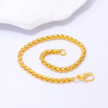 

Fish & Wheat Ear Bracelet for Women, 24K Gold, AU999 | Fish holding wheat pendant on elastic cord, rustic harvest charm.