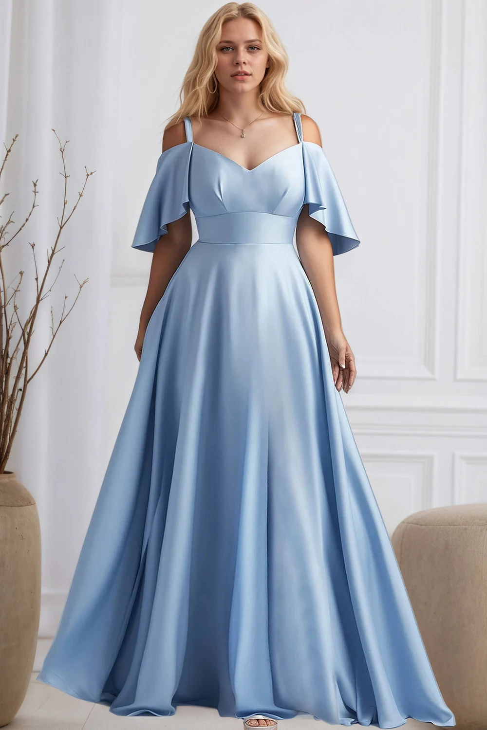 

Off Shoulder Elegant Evening Plus Size Dress Chiffon Pleated A-Line Drop Sleeve Sexy V-Neck Summer Wedding Guest Maxi Dress