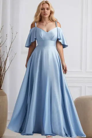 Women Plus Size Wedding Guest Evening Maxi Dress Off the Shoulder Spaghetti Strap Baby Blue Elegant Pleated A-Line Satin Dresses