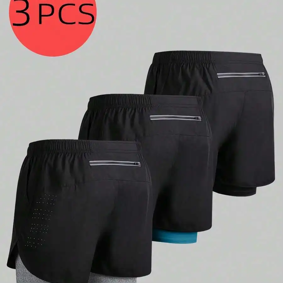 3pcs Mens 2-In-1 Athletic Shorts With Zippered Pockets Quick Dry Running Fitness Shorts Summer