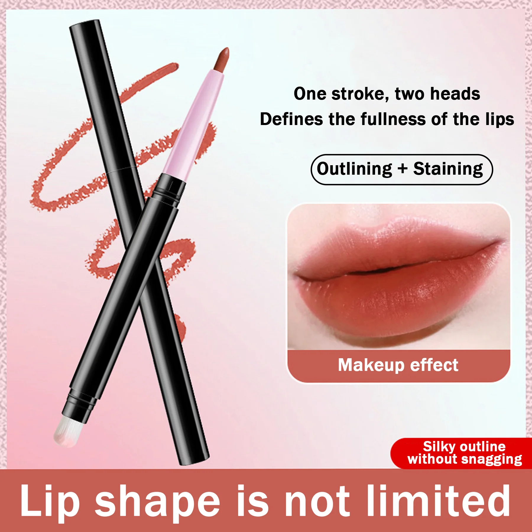 Double lip liner Waterproof long-lasting non-stick glass Lip brush Lip pencil Smudge brush accurately delineate lips