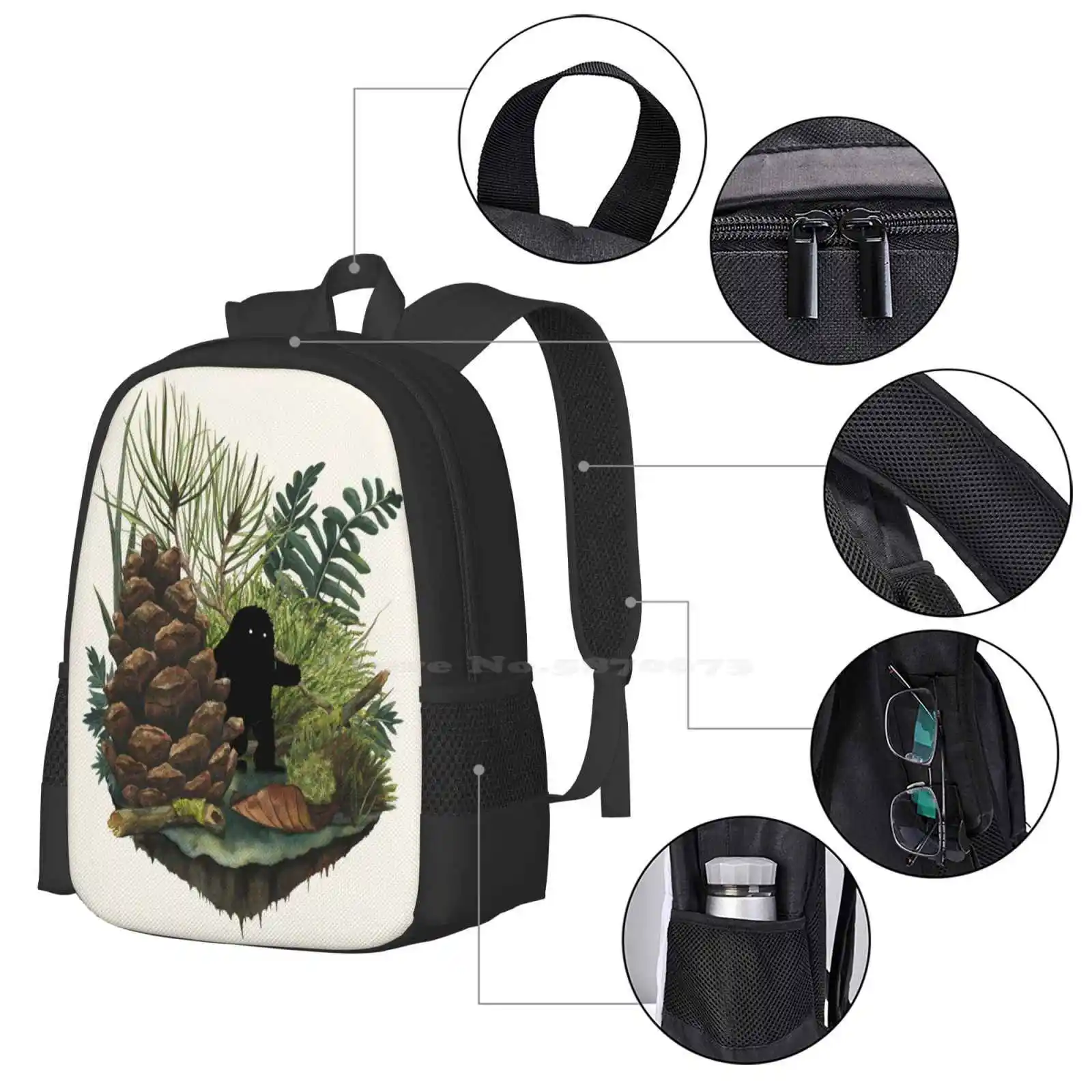 Tiny Sasquatch Bag Backpack For Men Women Girls Teenage Bigfoot Monster Pinecone Forest Woods Nature Cute Fern Moss Woodland