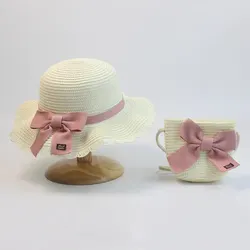 Children Straw Hat and Shoulder Bag Girls Summer Outdoor Beach Cap Cute Bow Travel Beach Sun Hat Crossbody Bag